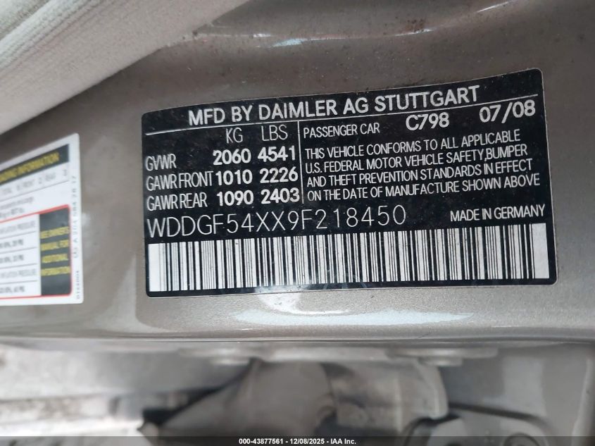 2009 Mercedes-Benz C 300 Luxury VIN: WDDGF54XX9F218450 Lot: 43877561