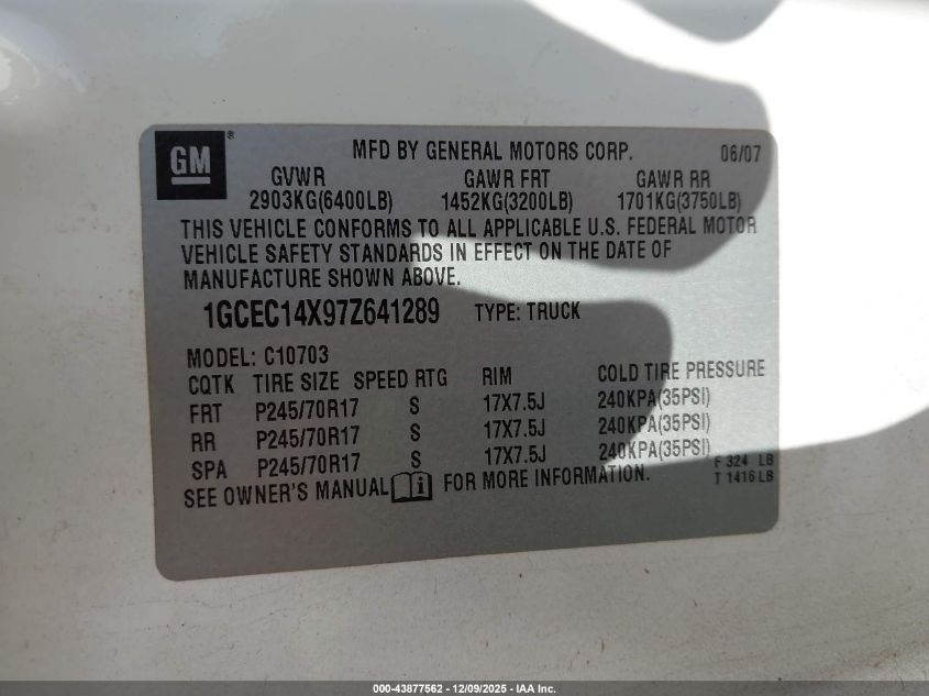 2007 Chevrolet Silverado 1500 Work Truck VIN: 1GCEC14X97Z641289 Lot: 43877562