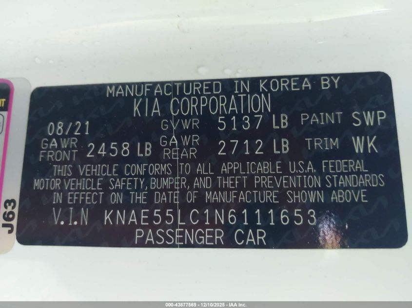 2022 Kia Stinger Gt2 VIN: KNAE55LC1N6111653 Lot: 43877569