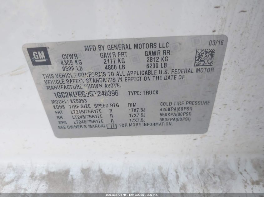 2016 Chevrolet Silverado 2500Hd Wt VIN: 1GC2KUEG9GZ248396 Lot: 43877570