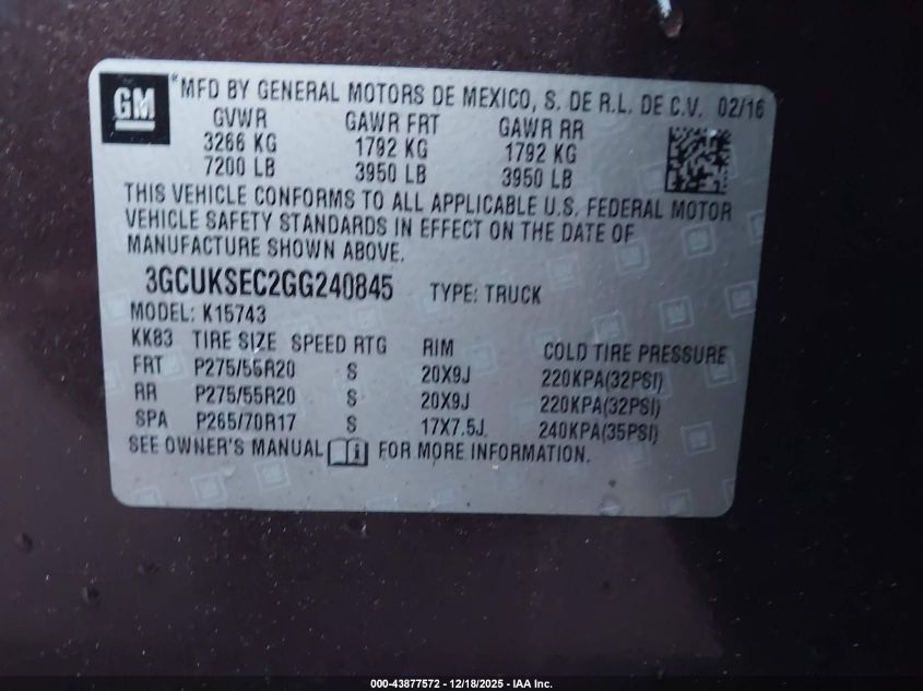2016 Chevrolet Silverado 1500 1Lz VIN: 3GCUKSEC2GG240845 Lot: 43877572