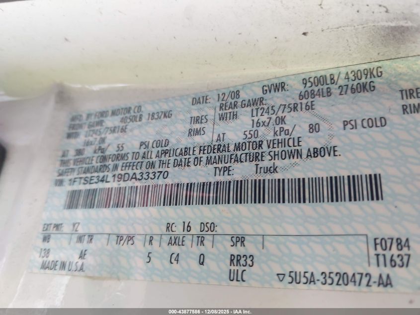 2009 Ford E-350 Super Duty Commercial VIN: 1FTSE34L19DA33370 Lot: 43877586