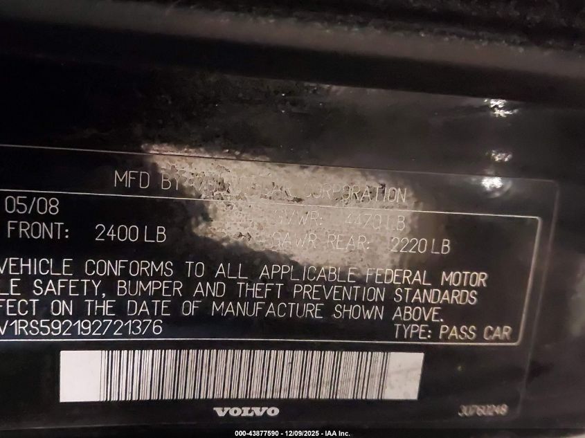 2009 Volvo S60 2.5T/2.5T Special Edition VIN: YV1RS592192721376 Lot: 43877590