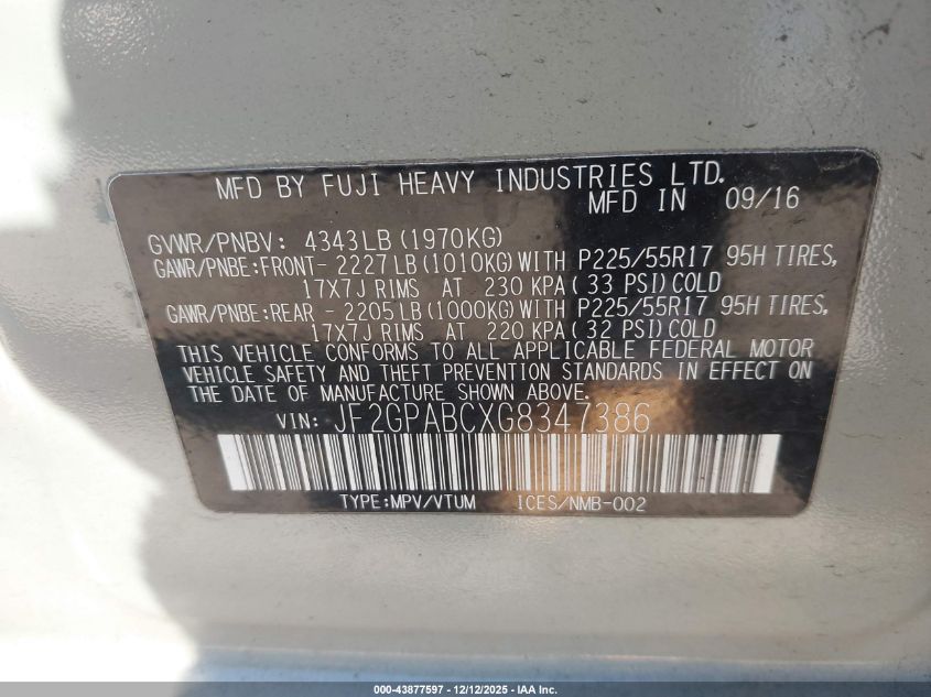 2016 Subaru Crosstrek 2.0I Premium VIN: JF2GPABCXG8347386 Lot: 43877597