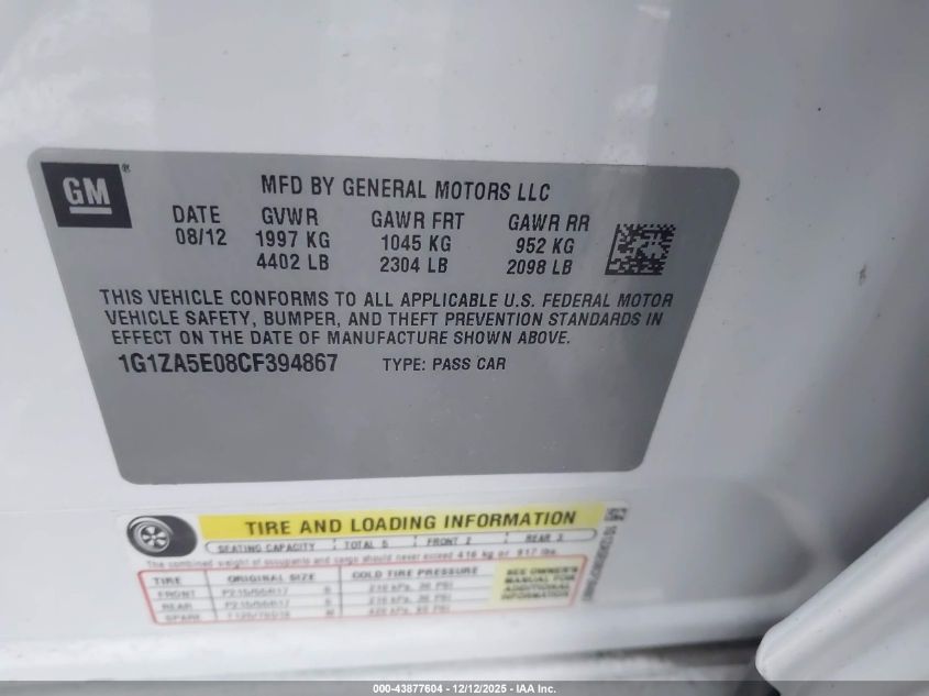 2012 Chevrolet Malibu Ls VIN: 1G1ZA5E08CF394867 Lot: 43877604