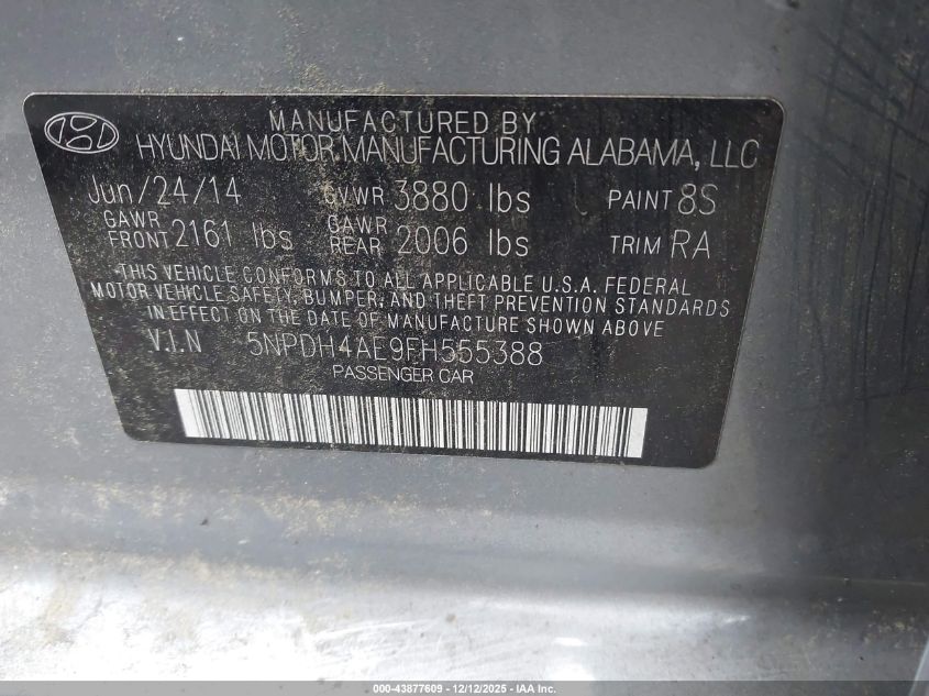 2015 Hyundai Elantra Se VIN: 5NPDH4AE9FH555388 Lot: 43877609