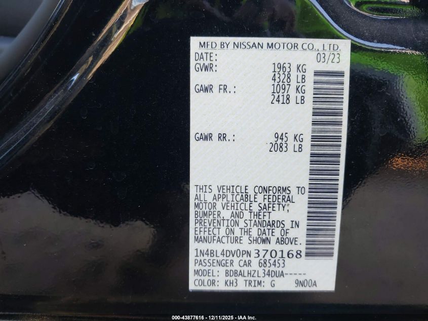 2023 Nissan Altima Sv Fwd VIN: 1N4BL4DV0PN370168 Lot: 43877616