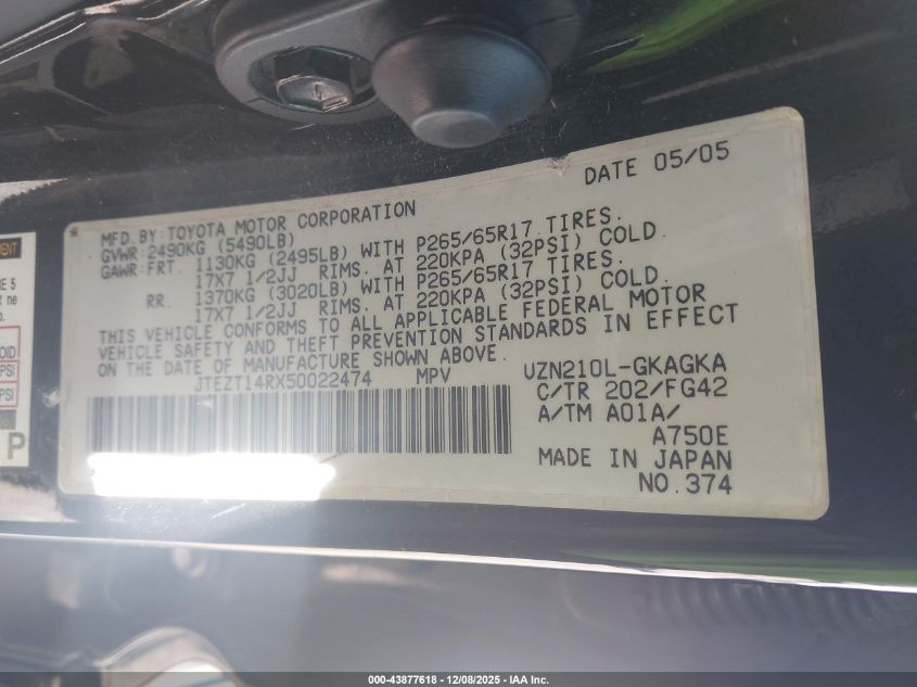 2005 Toyota 4Runner Sr5 V8 VIN: JTEZT14RX50022474 Lot: 43877618
