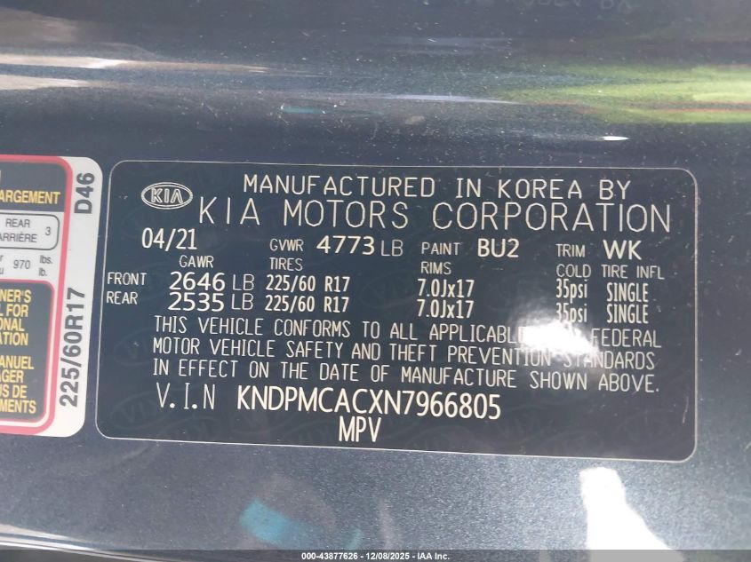 2022 Kia Sportage Lx VIN: KNDPMCACXN7966805 Lot: 43877626