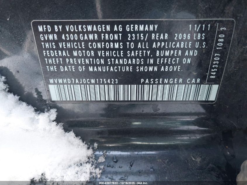 2012 Volkswagen Gti 4-Door VIN: WVWHD7AJ0CW175423 Lot: 43877633