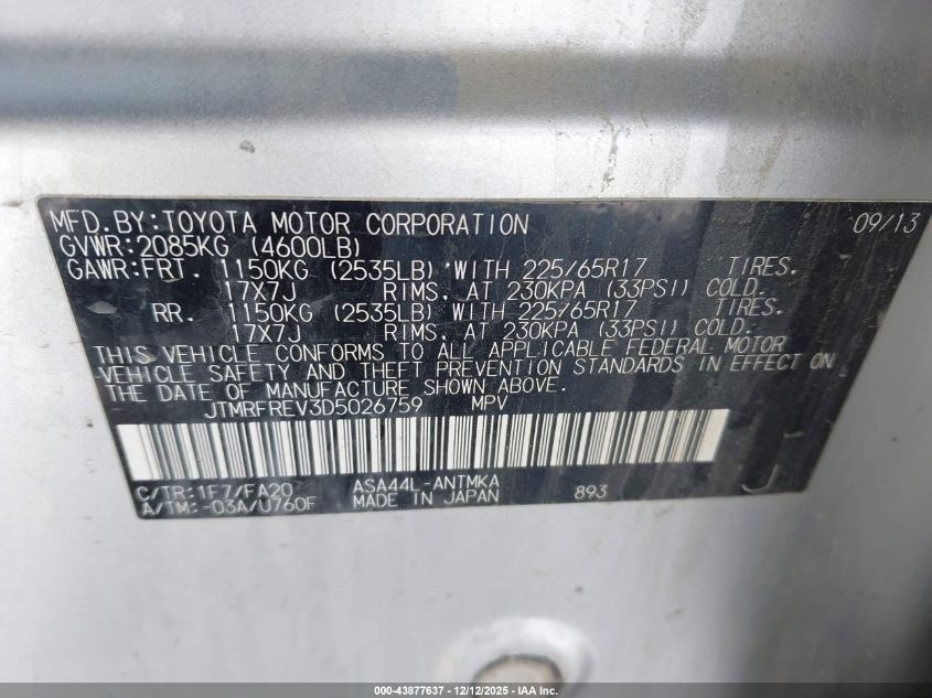 2013 Toyota Rav4 Xle VIN: JTMRFREV3D5026759 Lot: 43877637