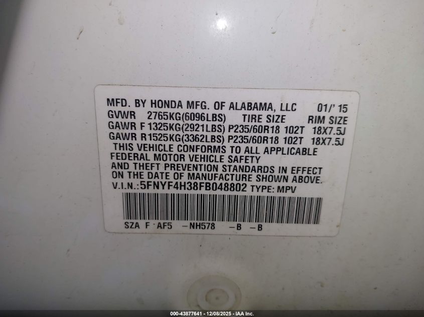 2015 Honda Pilot Se VIN: 5FNYF4H38FB048802 Lot: 43877641