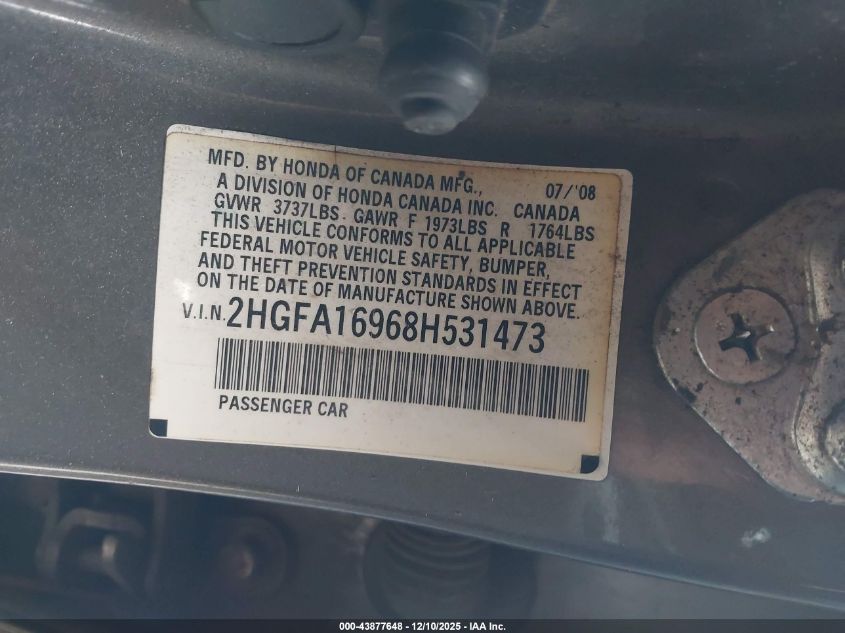 2008 Honda Civic Ex-L VIN: 2HGFA16968H531473 Lot: 43877648