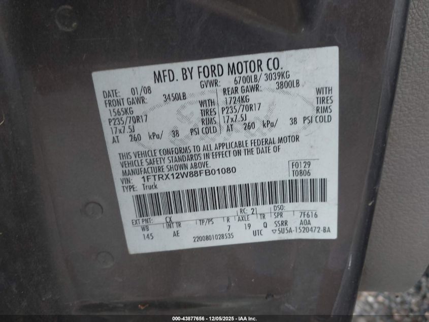 2008 Ford F-150 Fx2/Stx/Xl/Xlt VIN: 1FTRX12W88FB01080 Lot: 43877656