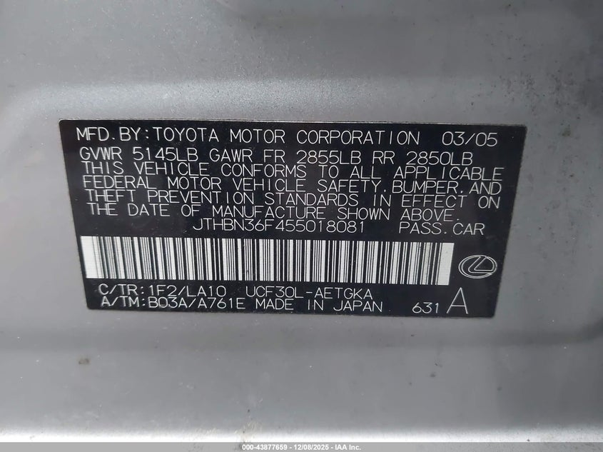 JTHBN36F455018081 2005 LEXUS LS photo no. 9