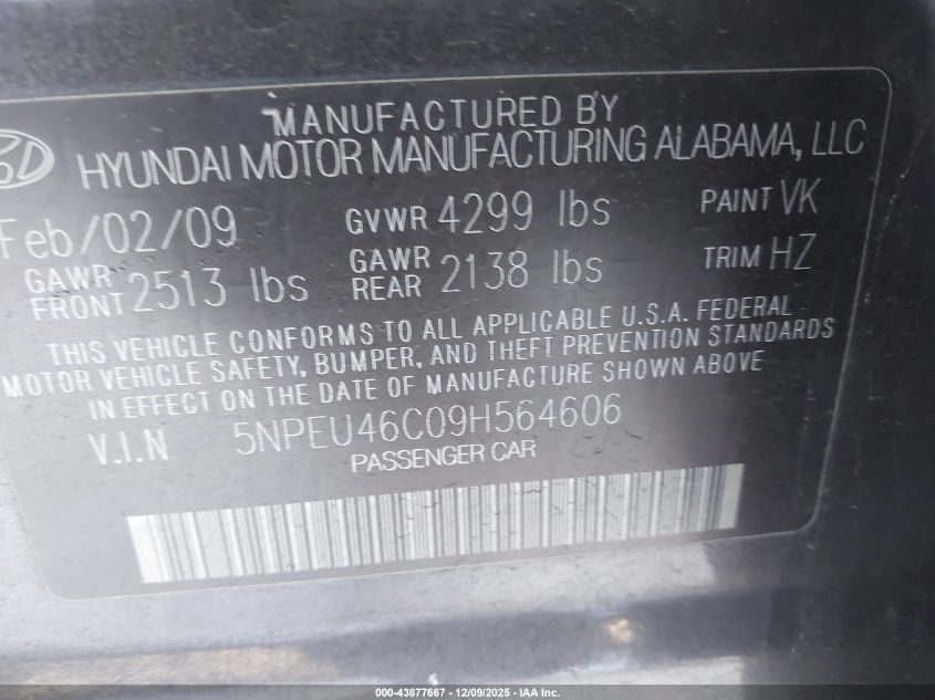 2009 Hyundai Sonata Limited VIN: 5NPEU46C09H564606 Lot: 43877667