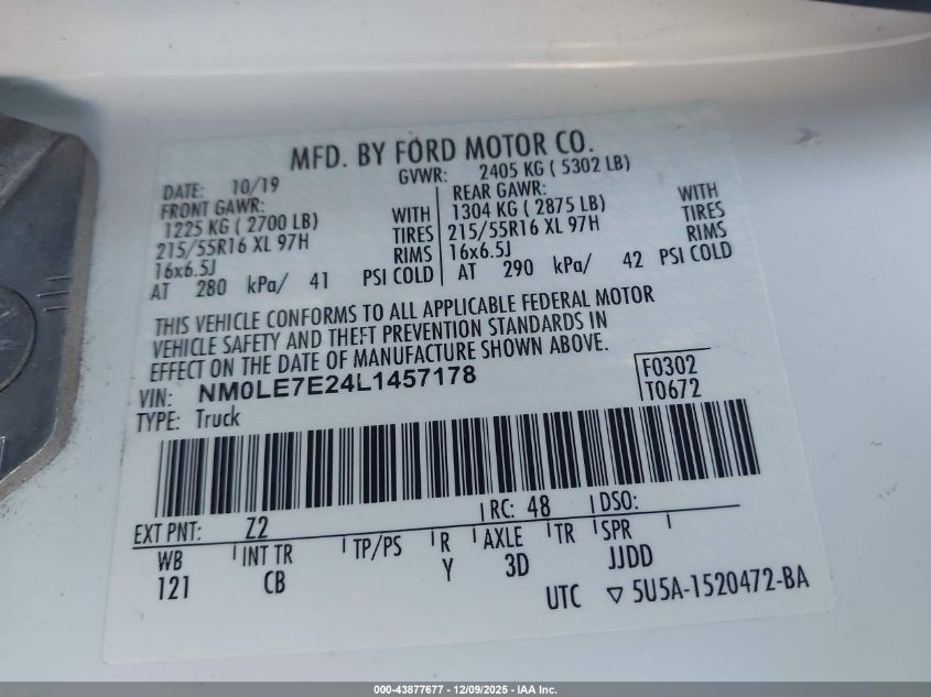 2020 Ford Transit Connect Xl VIN: NM0LE7E24L1457178 Lot: 43877677