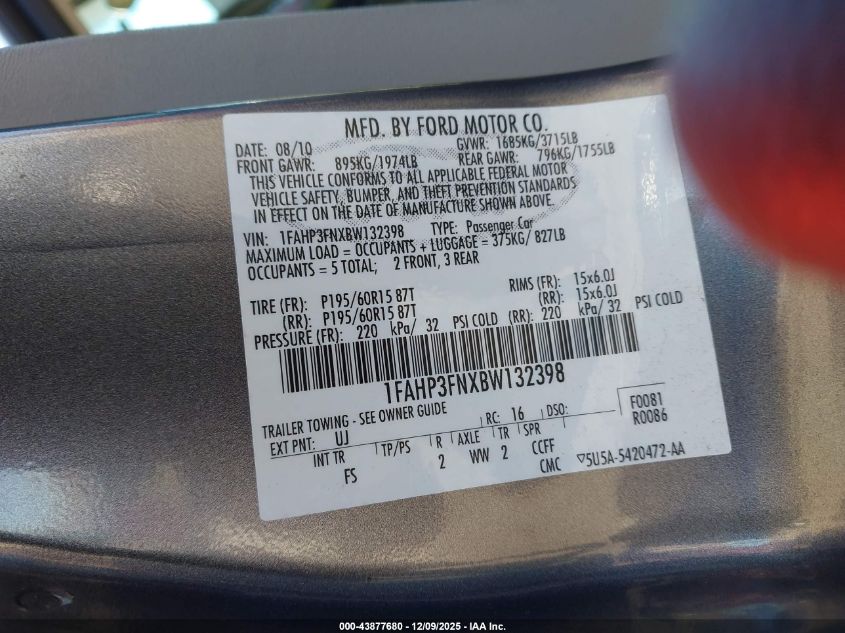 2011 Ford Focus Se VIN: 1FAHP3FNXBW132398 Lot: 43877680