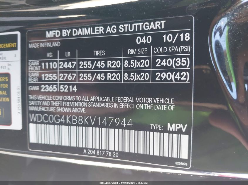 2019 Mercedes-Benz Glc 300 4Matic VIN: WDC0G4KB8KV147944 Lot: 43877681