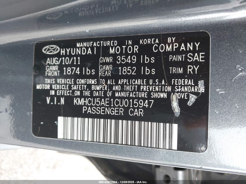 2012 Hyundai Accent Se VIN: KMHCU5AE1CU015947 Lot: 43877684