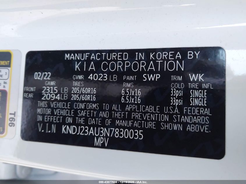 2022 Kia Soul Lx VIN: KNDJ23AU3N7830035 Lot: 43877686