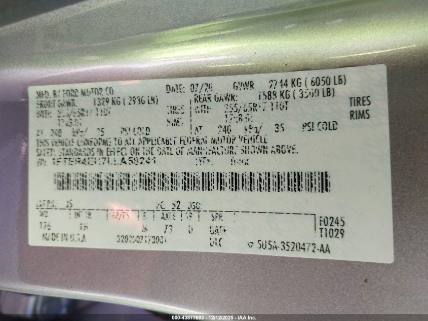 2020 Ford Ranger Xlt VIN: 1FTER4EH7LLA58241 Lot: 43877693