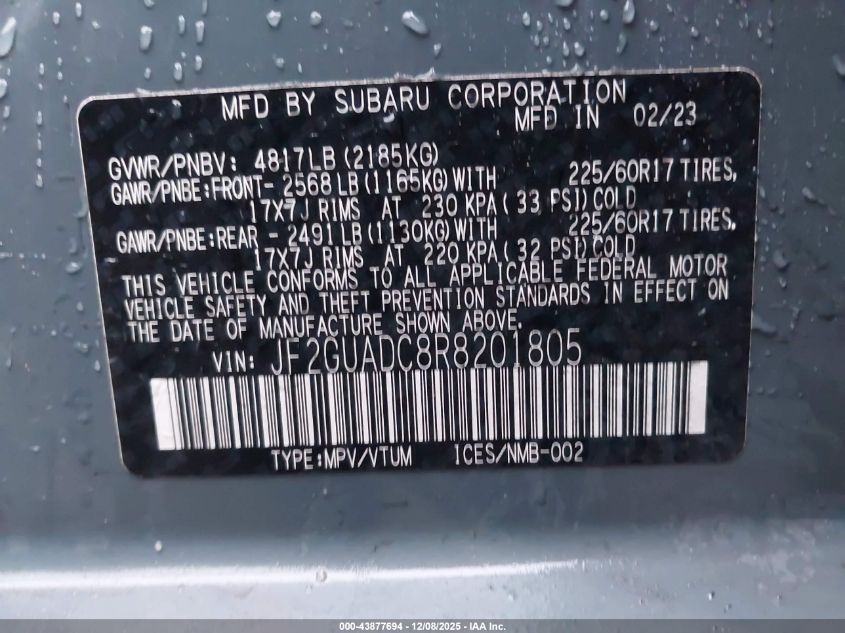 2024 Subaru Crosstrek Premium VIN: JF2GUADC8R8201805 Lot: 43877694