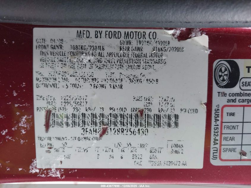 2008 Ford Fusion Sel VIN: 3FAHP08128R256430 Lot: 43877698