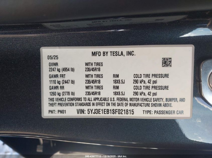 2025 Tesla Model 3 Long Range All-Wheel Drive VIN: 5YJ3E1EB1SF021815 Lot: 43877713