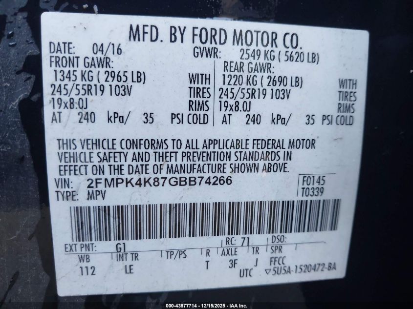 2016 Ford Edge Titanium VIN: 2FMPK4K87GBB74266 Lot: 43877714