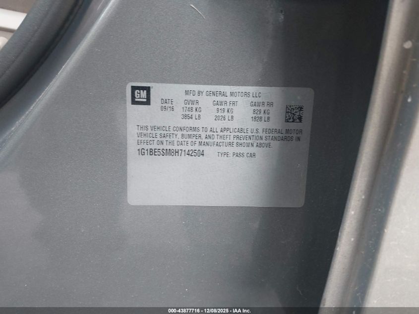 2017 Chevrolet Cruze Lt Auto VIN: 1G1BE5SM8H7142504 Lot: 43877716