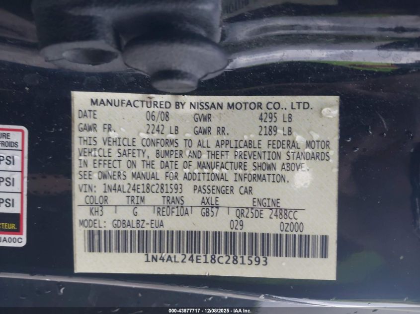 2008 Nissan Altima 2.5 S VIN: 1N4AL24E18C281593 Lot: 43877717