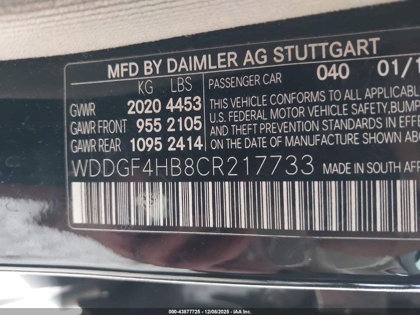 2012 Mercedes-Benz C 250 Sport VIN: WDDGF4HB8CR217733 Lot: 43877725