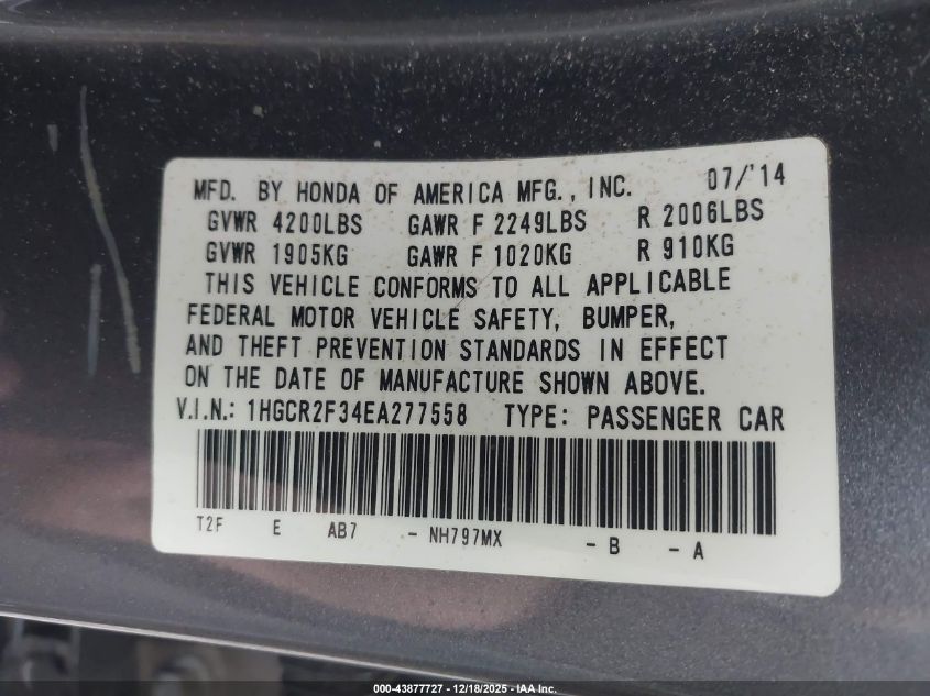 2014 Honda Accord Lx VIN: 1HGCR2F34EA277558 Lot: 43877727