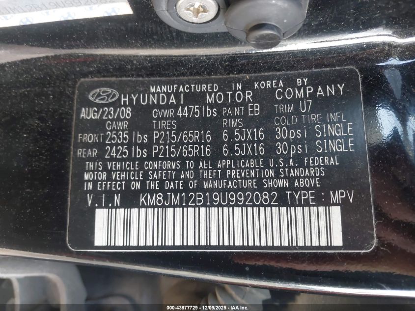 2009 Hyundai Tucson Gls VIN: KM8JM12B19U992082 Lot: 43877729