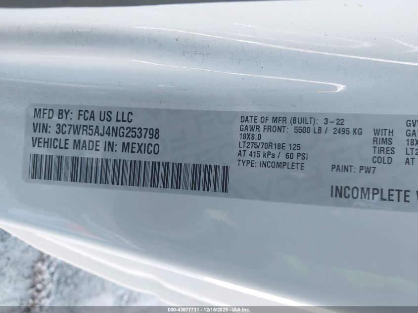 2022 Ram 2500 Tradesman 4X4 8' Box VIN: 3C7WR5AJ4NG253798 Lot: 43877731