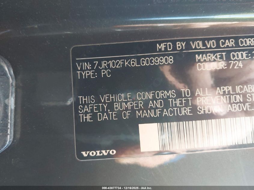 2020 Volvo S60 T5 Momentum VIN: 7JR102FK6LG039908 Lot: 43877734