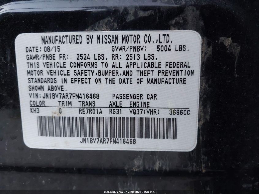 2015 Infiniti Q50 VIN: JN1BV7AR7FM416468 Lot: 43877747