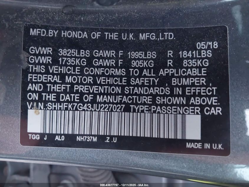 2018 Honda Civic Sport VIN: SHHFK7G43JU227027 Lot: 43877757