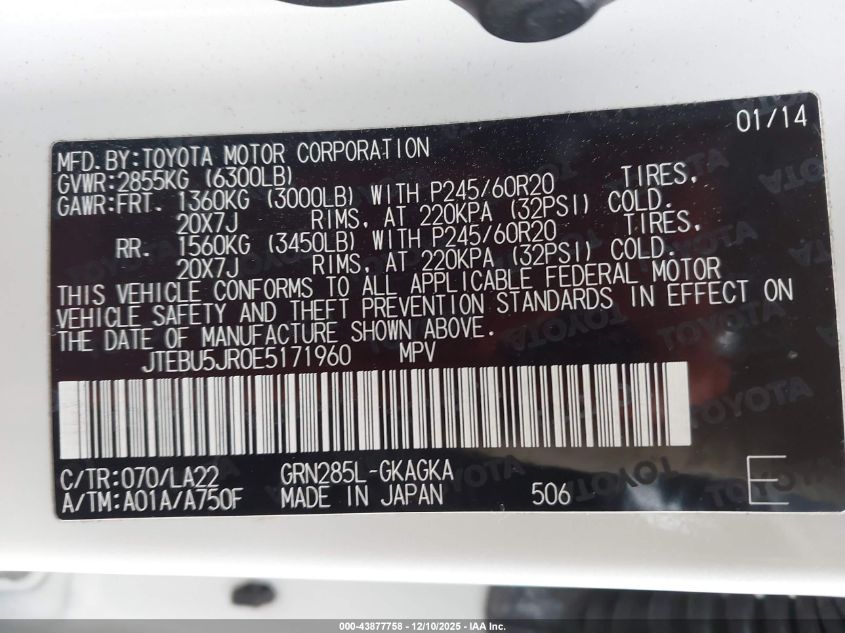 2014 Toyota 4Runner Limited VIN: JTEBU5JR0E5171960 Lot: 43877758