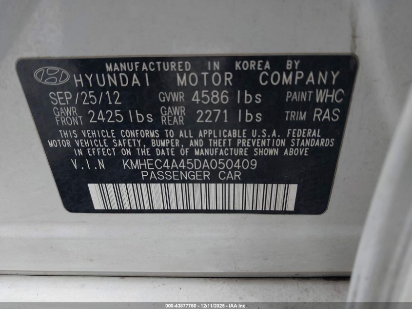 2013 Hyundai Sonata Hybrid Limited VIN: KMHEC4A45DA050409 Lot: 43877760