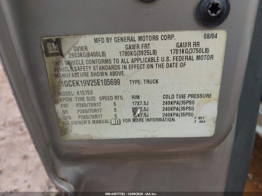 2005 Chevrolet Silverado 1500 Work Truck VIN: 1GCEK19V25E105699 Lot: 43877763