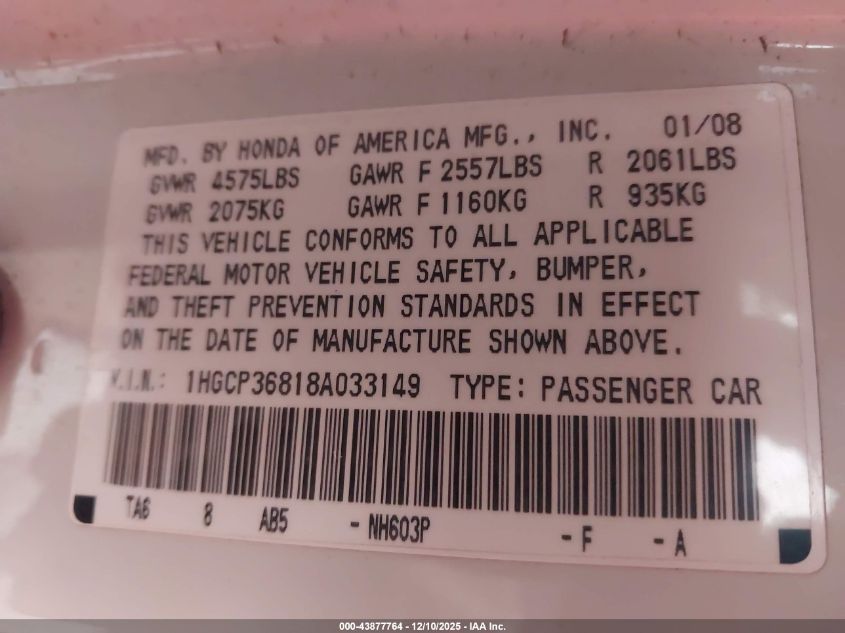 2008 Honda Accord 3.5 Ex-L VIN: 1HGCP36818A033149 Lot: 43877764