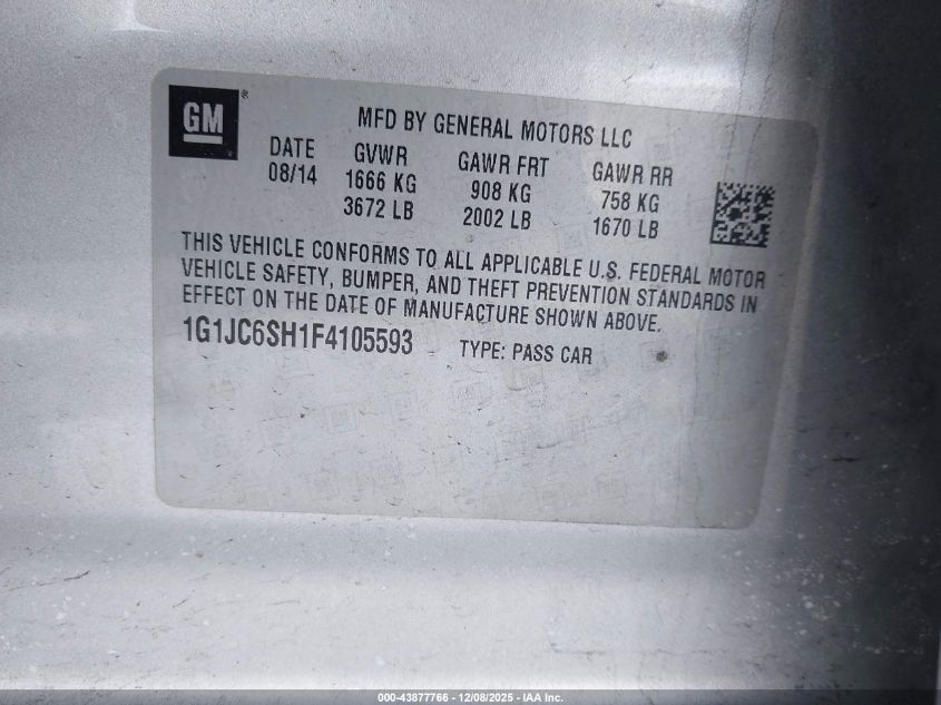 2015 Chevrolet Sonic Lt Auto VIN: 1G1JC6SH1F4105593 Lot: 43877766