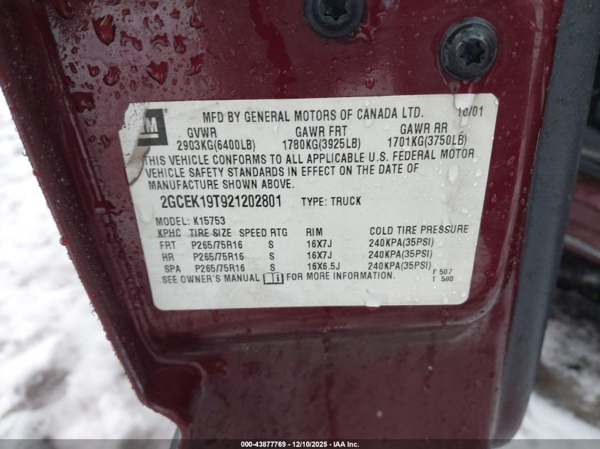 2002 Chevrolet Silverado 1500 Ls VIN: 2GCEK19T921202801 Lot: 43877769