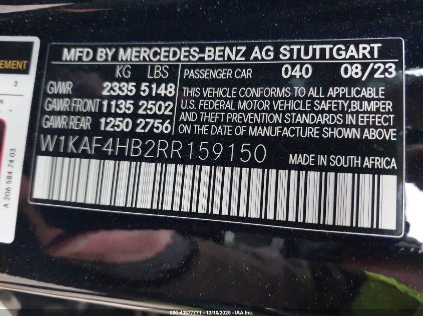 2024 Mercedes-Benz C 300 VIN: W1KAF4HB2RR159150 Lot: 43877771