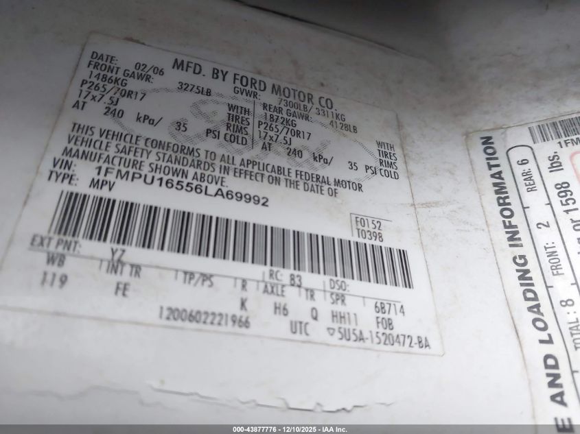 2006 Ford Expedition Xlt/Xlt Sport VIN: 1FMPU16556LA69992 Lot: 43877776