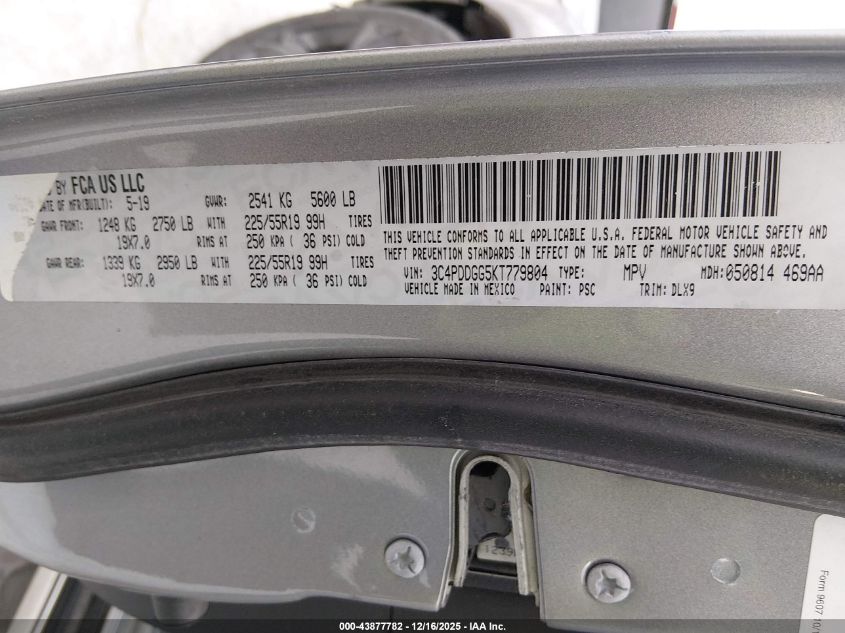 2019 Dodge Journey Crossroad Awd VIN: 3C4PDDGG5KT779804 Lot: 43877782