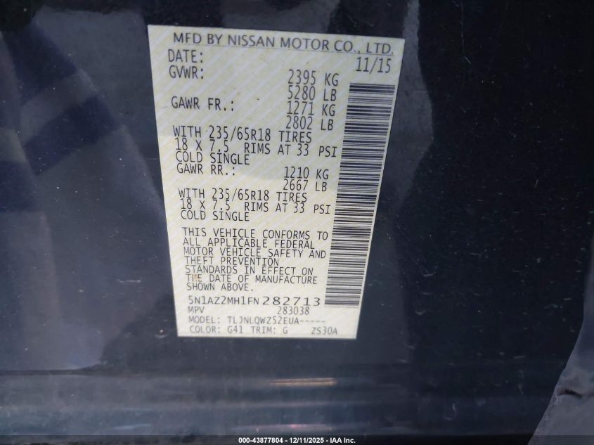 2015 Nissan Murano Sv VIN: 5N1AZ2MH1FN282713 Lot: 43877804