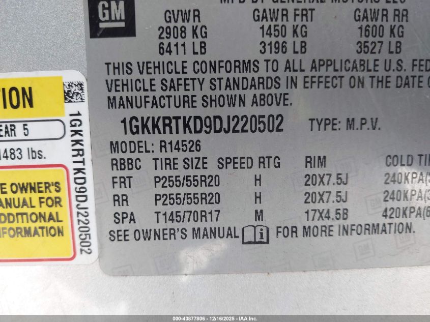 2013 GMC Acadia Denali VIN: 1GKKRTKD9DJ220502 Lot: 43877806